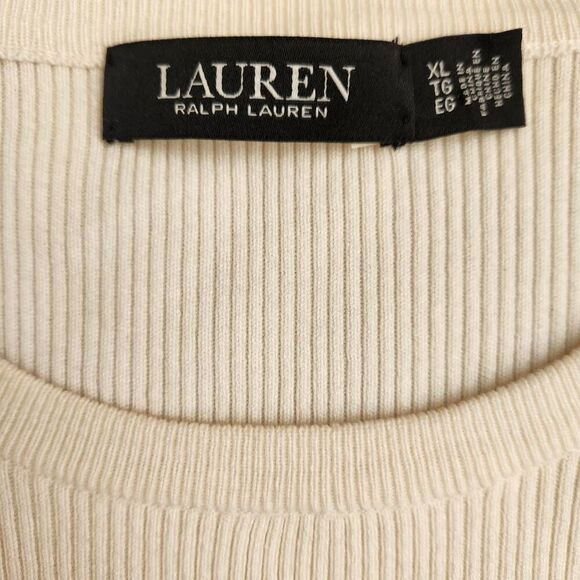 Lauren Ralph Lauren Sweater Womens XL Button Trim Ribbed Gold Ivory Puff Sleeve - Picture 7 of 7